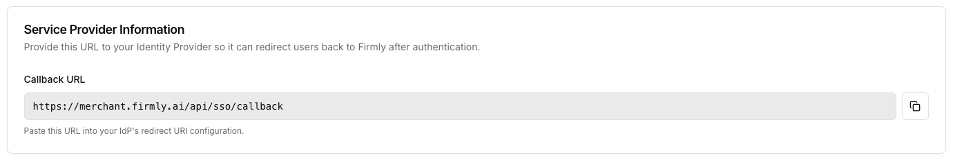 Callback URL panel with copy button